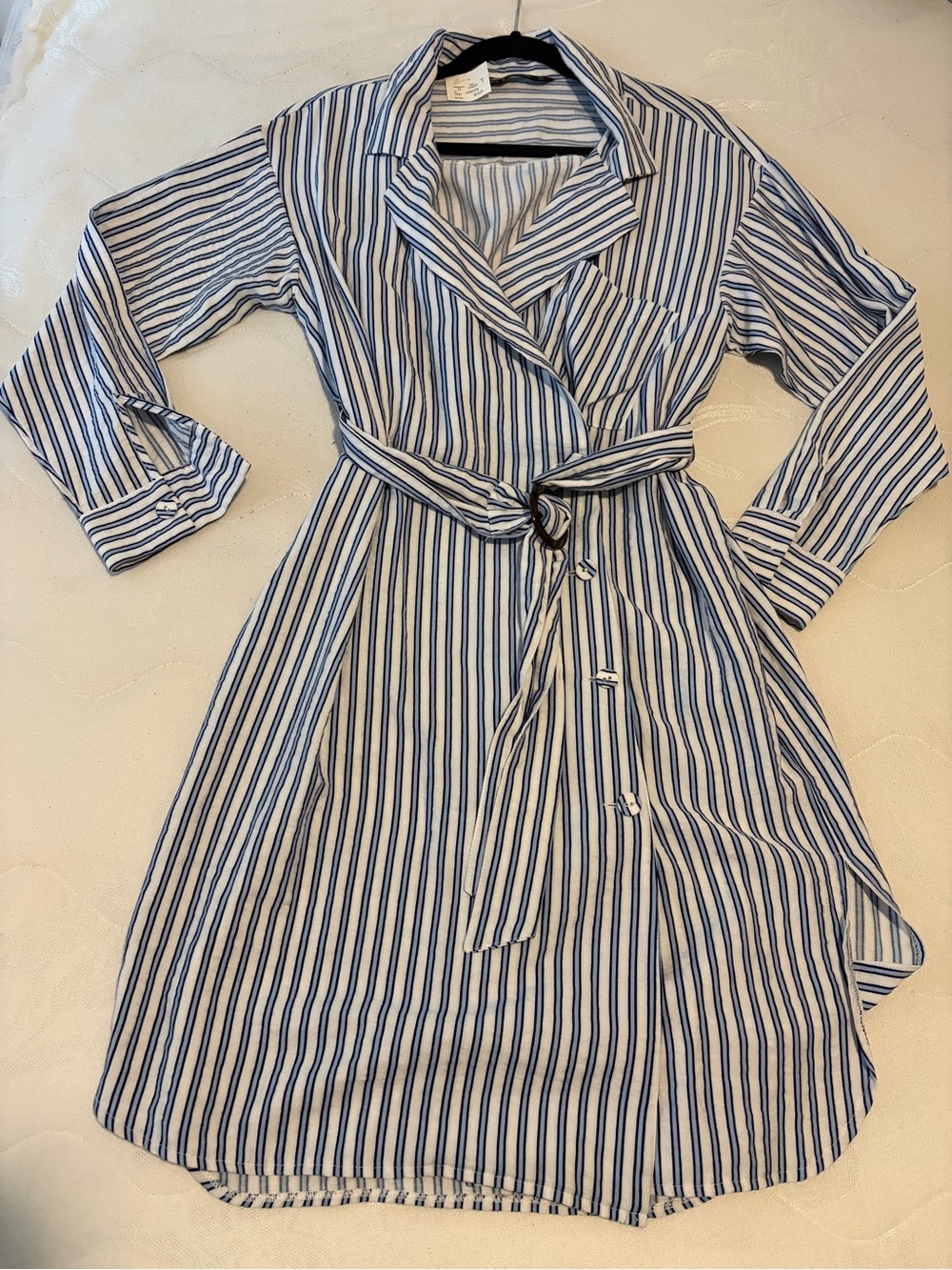 Zara Blue and White Striped Long Sleeve Shirt Dress with Tie Waist